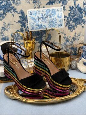 🆕 KURT GEIGER LONDON 🧿 NWOB Shoreditch Rainbow Platform Sandal, Black - Sz US6
